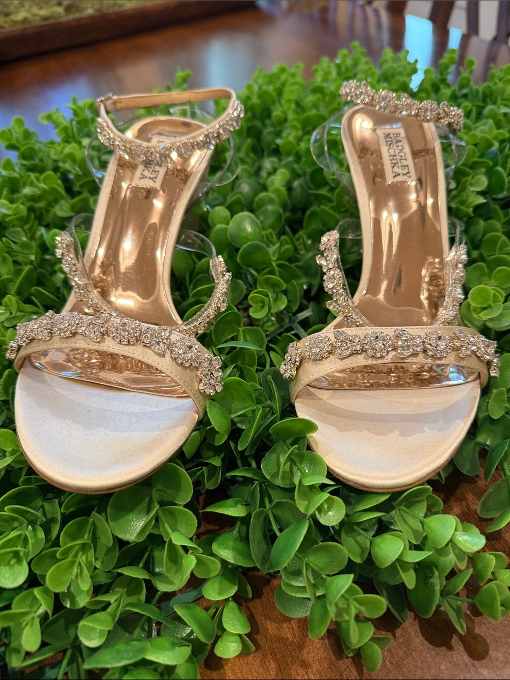 Badgley Mischka Nude Crystal-Embellished Strappy Heels